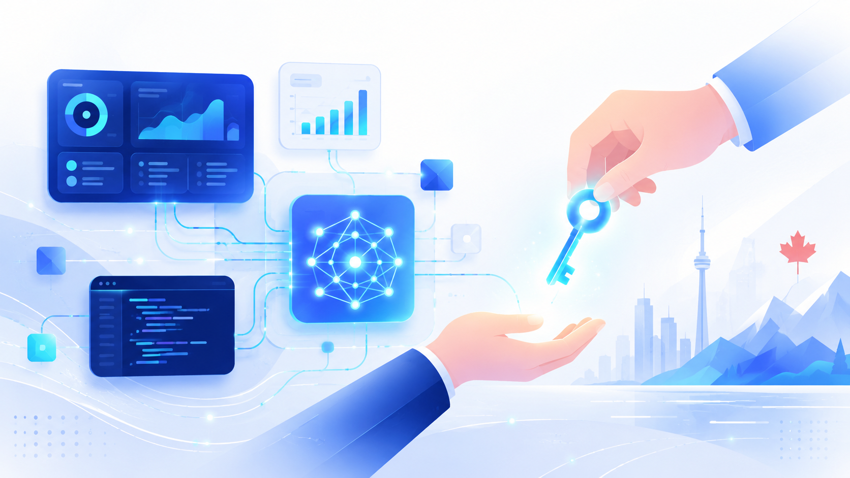 Software modules connected to a key being handed from one hand to another — full source-code and IP handover